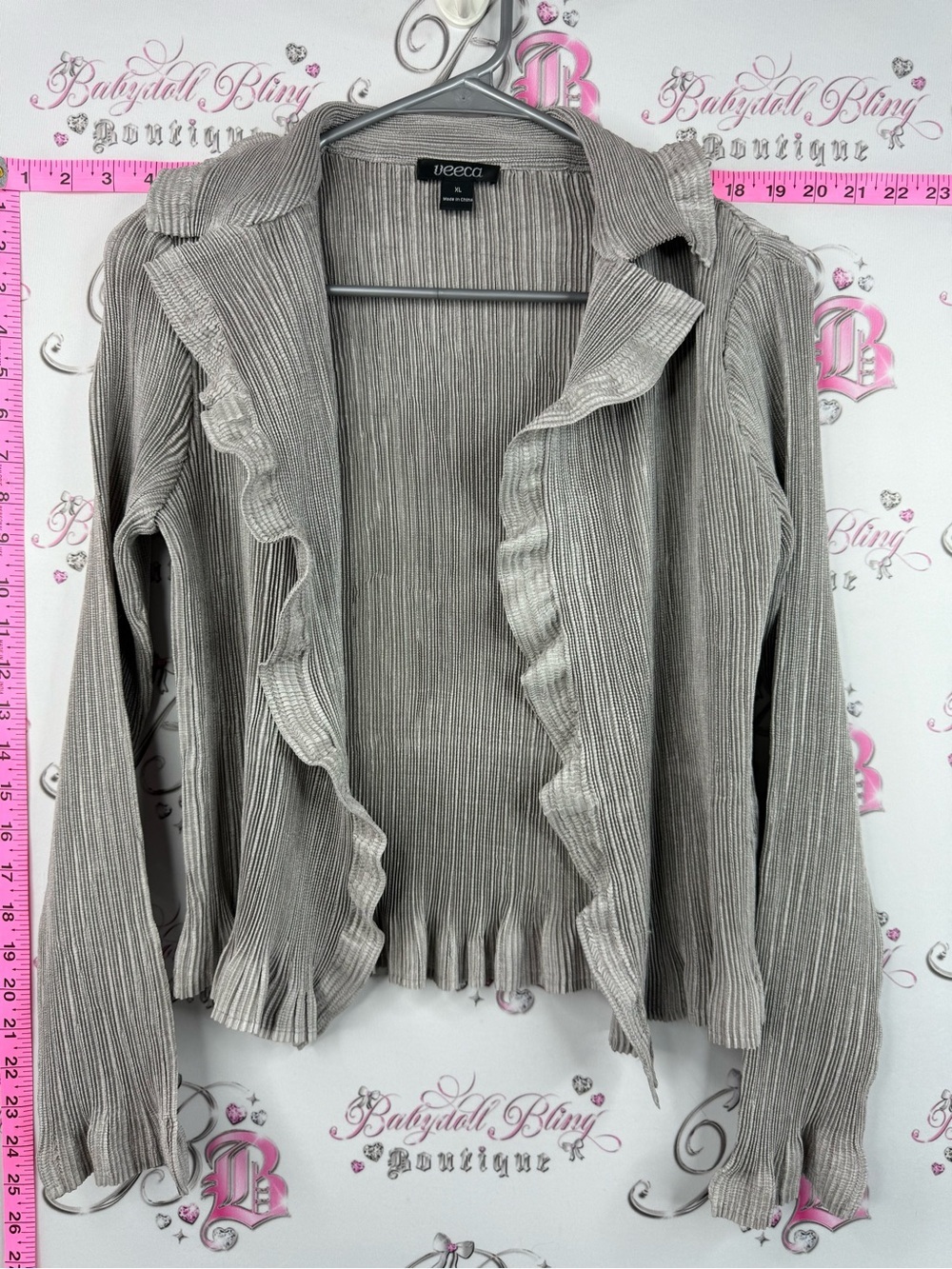 Veeca cardigan pleated shiny Open-Front Ruffle Trim Women’s Cardigan - Beige